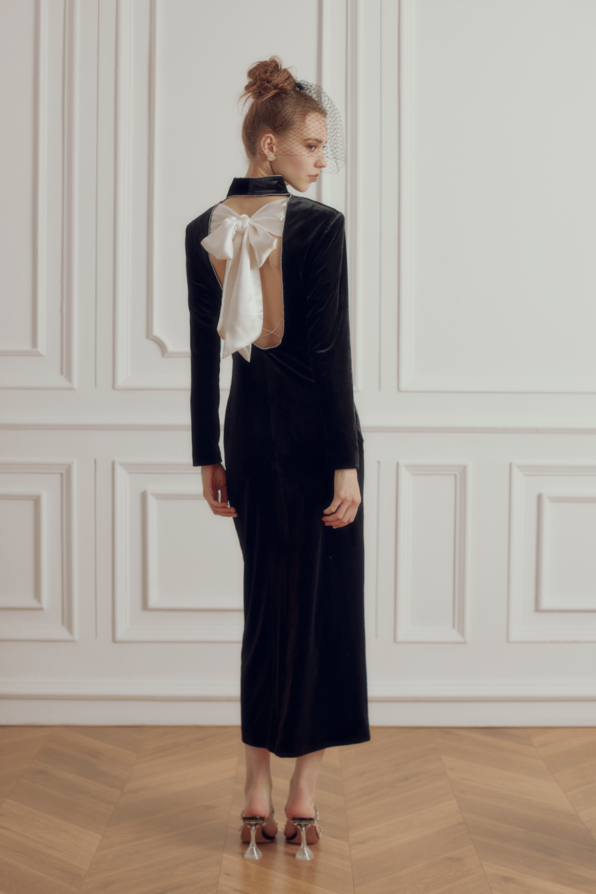 French Bow Embellished Velvet Gown in Black - LEDAIR